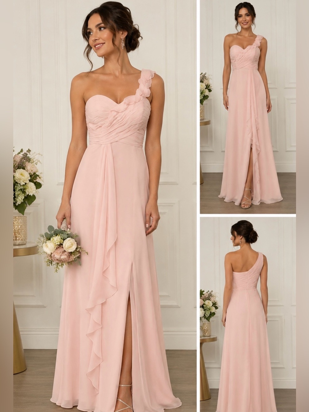 David’s Bridal One Shoulder Chiffon Bridesmaid Gown Blush Pink Size 4 Long
